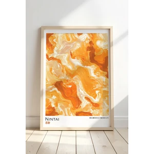 Pastel Sarı - Turuncu Tonlarda Soyut Desenli Japandi Ahşap Duvar Tablosu