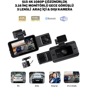 4K 3 Kanallı Araç Içi Kamera Döngü Kayıt Park Izlemeli G-Sensörlü Gece Görüşü Ön ve Arka Kamera 7/24 Kayıt