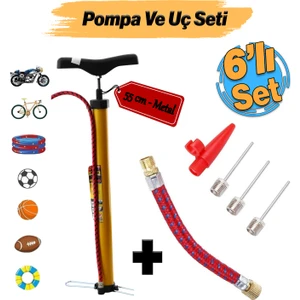 Klasik Bisiklet Pompası ve Uç Seti El Tipi Ayak Tutamaklı Metal Boru Top Lastik Teker Şişirme Uçlu