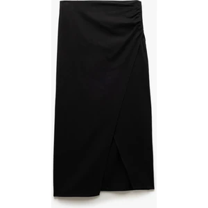 Asimetrik Kesim Drapeli Yırtmaçlı Midi Kalem Etek