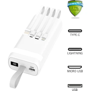 Dahili Kablolu Fenerli 30.000 Mah LCD Göstergeli Güç Bankası Taşınabilir Powerbank