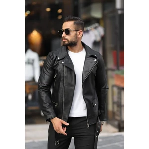 Erkek Biker Kemerli Deri Ceket Siyah