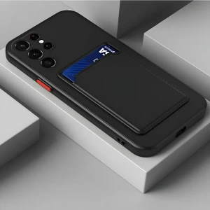 Samsung Galaxy S25 Ultra Kılıf Kamera Korumalı Kartlıklı Cüzdanlı Kırmızı Tuşlu Siyah Silikon Kapak