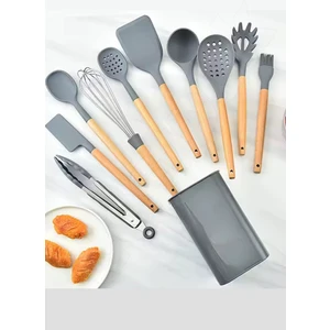 11'li Bambu Saplı Silikon Servis Seti - Kepçe, Kevgir, Maşa, Spatula Seti - Yanmaz Silikon Set