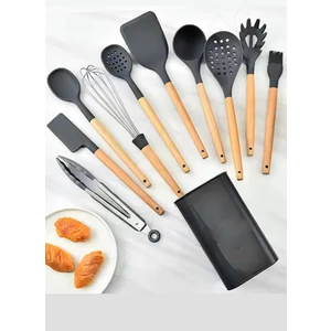 11'li Bambu Saplı Silikon Servis Seti - Kepçe, Kevgir, Maşa, Spatula Seti - Yanmaz Silikon Set