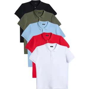 Erkek 5'li Paket Siyah-Haki-Koyu Mavi-Kırmızı-Beyaz Slim Fit Pamuklu Düz Pike Polo Yaka Tişört