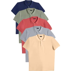 Erkek 5'li Paket Lacivert-Haki-Kiremit-Gri-Bej Slim Fit Dar Kesim Pamuklu Düz Pike Polo Yaka Tişört