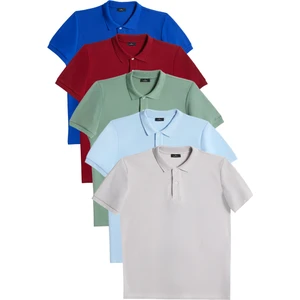 Erkek 5'li Paket Saks Mavi-Bordo-Su Yeşili-Mavi-Gri Slim Fit Pamuklu Düz Pike Polo Yaka Tişört