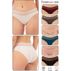 Özkan Underwear Özkan 26797 7'li Paket Kadın Bel Kısmı Tül Detaylı Likralı Pamuklu Esnek Rahat Slip Bikini Külot