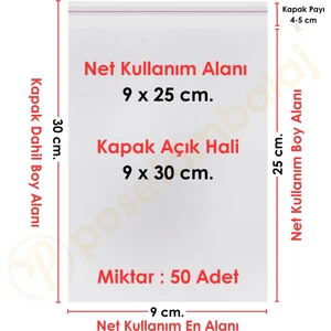 9X25+5 cm(9X30) 50 Adet Şeffaf Bantlı Yapışkanlı Opp Poşet