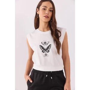 Kelebek Baskılı Tişört - Fildişi