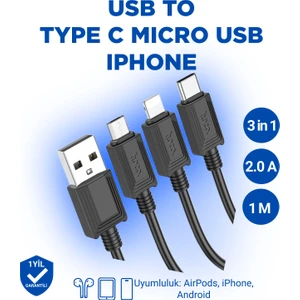 X74 3'ü 1 Arada Şarj Kablosu (Ip + Mikro + Tip-C)