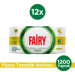Çok Amaçlı Yüzey Temizleme Mendili 100 Yaprak 12 Adet | Limon Yağlı | Beyaz Sirke Karbonat