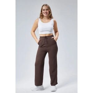 Curve Kadın Kahverengi Çift Cepli Beli Lastikli Boru Paça Fitilli Tayt Eşofman Altı