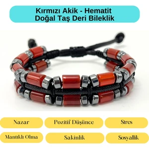 Sertifikalı Kırmızı Akik ve Hematit Makrome Doğal Taş Deri Erkek Bileklik