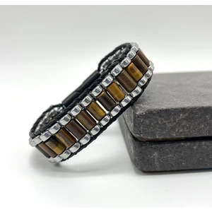 Sertifikalı Kaplan Gözü ve Hematit Silindir Kesim Kilitli Doğal Taş Deri Erkek Bileklik