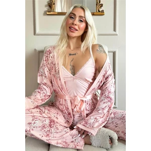 Pembe Flore Exclusive Örme Sabahlıklı Kadın Pijama Takımı