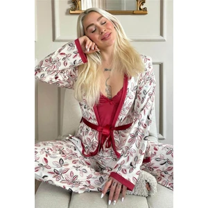 Kırmızı Flore Exclusive Örme Sabahlıklı Kadın Pijama Takımı