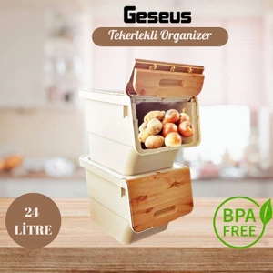Motek Patateslik Soğanlık Sepeti , Oyuncak Kutusu , Sebzelik Tekerlekli Organızer Çok Amaçlı Kutu 2X12LT-BAMBU+KREM