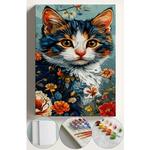 Sayılarla Boyama Çerçeveli Hobi Seti Numaralı Tuval Fırça Boya Dahil Kasnaklı 40X50 cm Gerçek Kedi