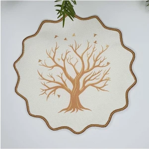 Altın Rengi Ağaç ve Kuş Tasarım Baskılı Nakış Kenar Kumaş Kokteyl Peçetesi 1 Adet