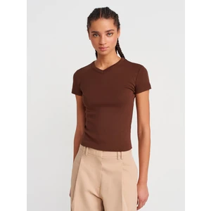 31673 V Yaka T-Shirt-Açık Kahve