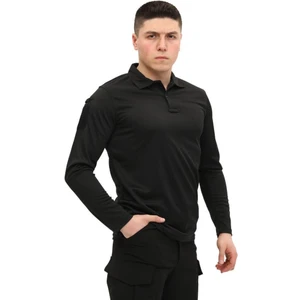 Single Sword Polo Yaka Uzun Kol Taktik Erkek T-Shirt, Siyah Renk, Mikrofiber Kumaş