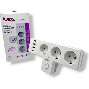 VE-23088 3 Soketli 3xusb+Type-C Çocuk ve Termal Korumalı Anahtarlı Priz