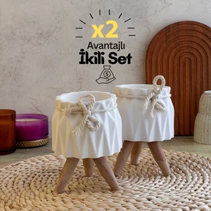 Ahşap Ayaklı Beton Saksı Seti - Minimalist Ev ve Ofis Dekoru İkili Avantajlı Set