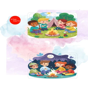 54 Parçalı Kamp Temalı Ahşap Puzzle Ahşap Bultak Yapboz