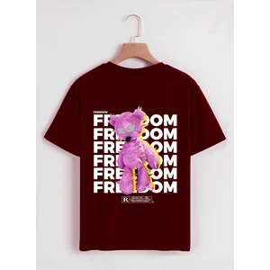 Unisex Oversize Bisiklet Yaka Freedom Baskılı Basic T-Shirt - Bordo