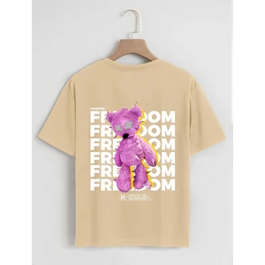Unisex Oversize Bisiklet Yaka Freedom Baskılı Basic T-Shirt - Bej