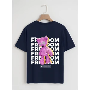 Unisex Oversize Bisiklet Yaka Freedom Baskılı Basic T-Shirt - Lacivert
