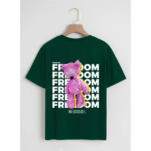 Unisex Oversize Bisiklet Yaka Freedom Baskılı Basic T-Shirt - Koyu Yeşil