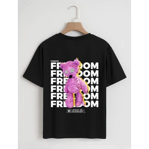 Unisex Oversize Bisiklet Yaka Freedom Baskılı Basic T-Shirt - Siyah