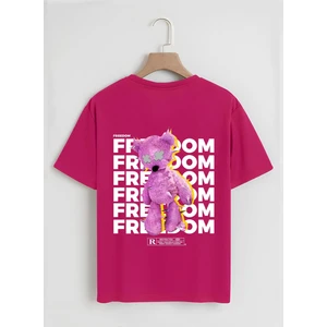 Unisex Oversize Bisiklet Yaka Freedom Baskılı Basic T-Shirt - Fuşya