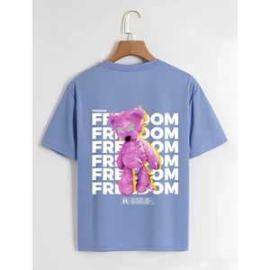 Unisex Oversize Bisiklet Yaka Freedom Baskılı Basic T-Shirt - Mavi