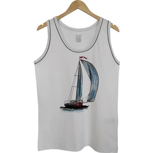 Erkek Askılı Beyaz T-Shirt Yelkenli Dijital Baskılı