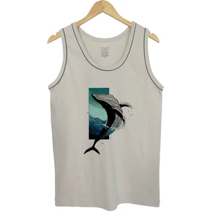 Erkek Askılı Beyaz T-Shirt Balina Dijital Baskılı