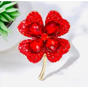 Rachel Silver Kırmızı Renk Zirkon Taşlı Altın Renk Kristal Taşlı Tasarım Çiçek Broş