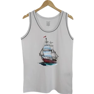 Erkek Askılı Beyaz T-Shirt Yelkenli Dijital Baskılı