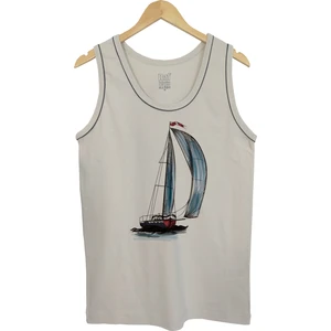 Erkek Askılı Taş Renk T-Shirt Yelkenli Dijital Baskılı