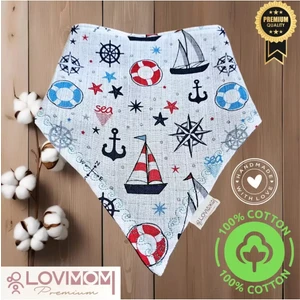 Lovimom Premium  Pamuk Ekstra Soft 2 Kat Müslin Bebek Fuları Salya & Mama Önlüğü 45cm 3 Çıtçıtlı Sailor