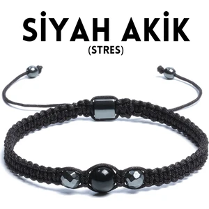 Siyah Akik, Hematit Doğal Taş Bileklik - 8mm 6mm Makrome Bileklik Ayarlanabilir