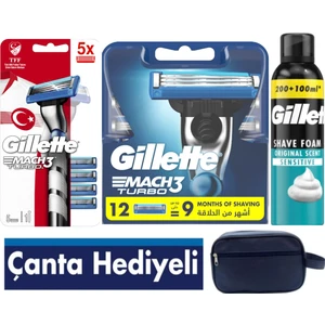 Mach3 Turbo 3d Makine + 17 Adet Yedek Tıraş Bıçağı +Gillette 300  Ml Köpük +Seyahat Çantası
