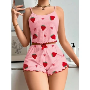 Pembe Çilekli Askılı Şortlu Crop Takım