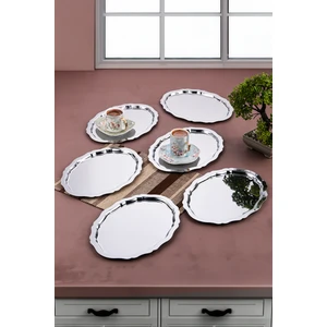 6 Adet Paslanmaz Çelik Oval Dalgalı Sade Kahve ve Sunum Tepsisi 20 cm x 25 cm