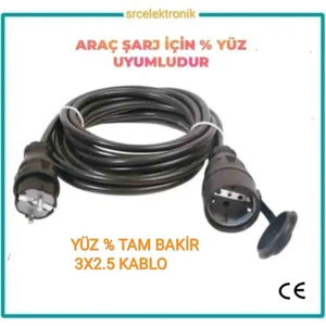 Arac Şarjı Için (1-10 Metre Arasi) 3x2.5 Ttr Hes Veya Öznur Kablo Tam Bakir Uzatma Seyyar Kablo