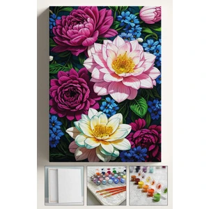 Sayılarla Boyama Çerçeveli Hobi Seti Numaralı Tuval Fırça Boya Dahil Kasnaklı 40X50 cm Gonca Çiçekler