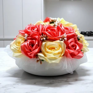 Beyaz Porselen Saksıda Satengüller - Dekoratif Çiçek - Masa Çiçeği -